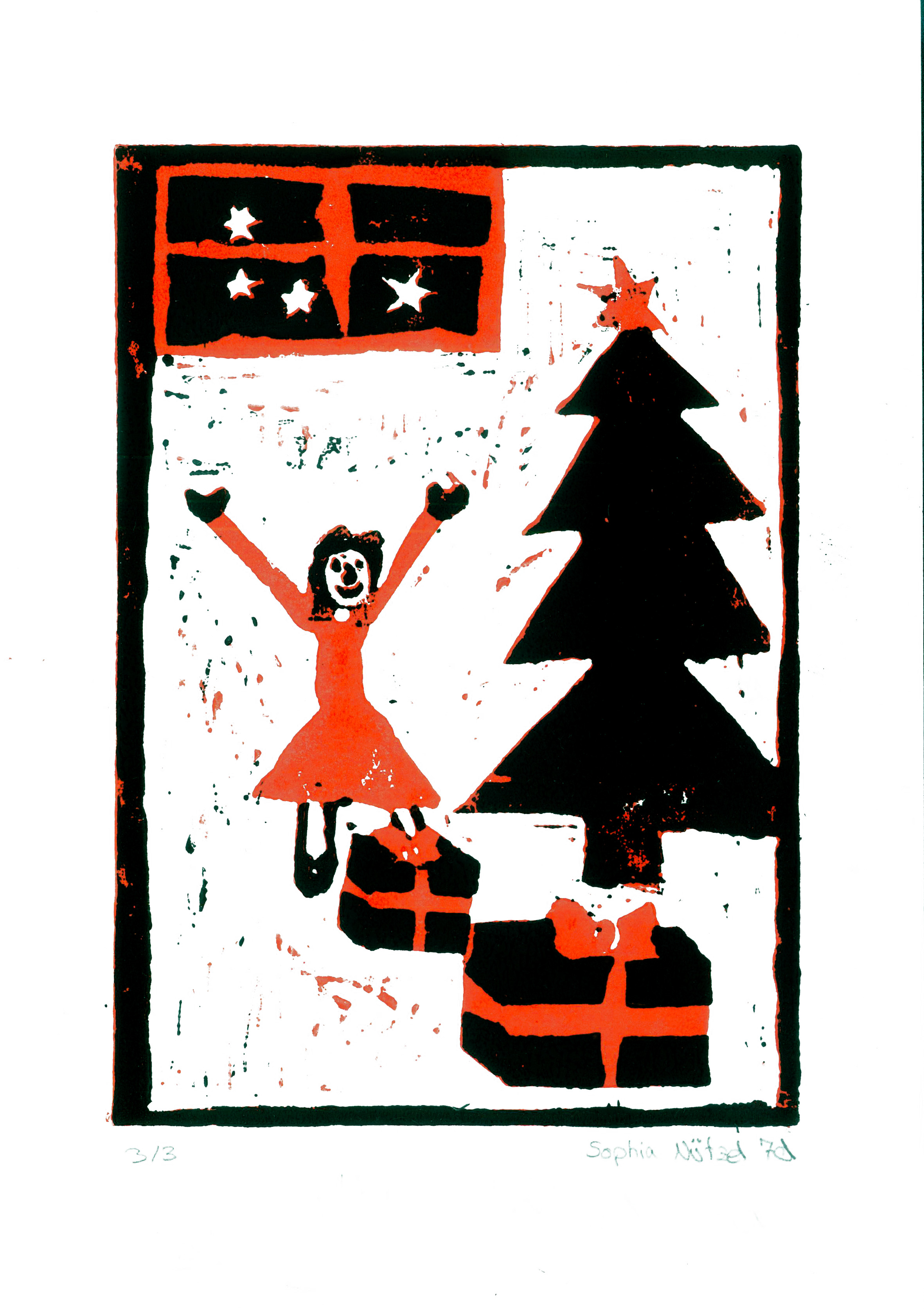 Weihnachtsabend, Linoldruck mit 2 Farben, Sophia Nützel, Jg07 2015-16
