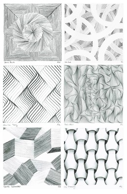 Raum, abstrakte Bleistiftzeichnungen, 10 b, c, d